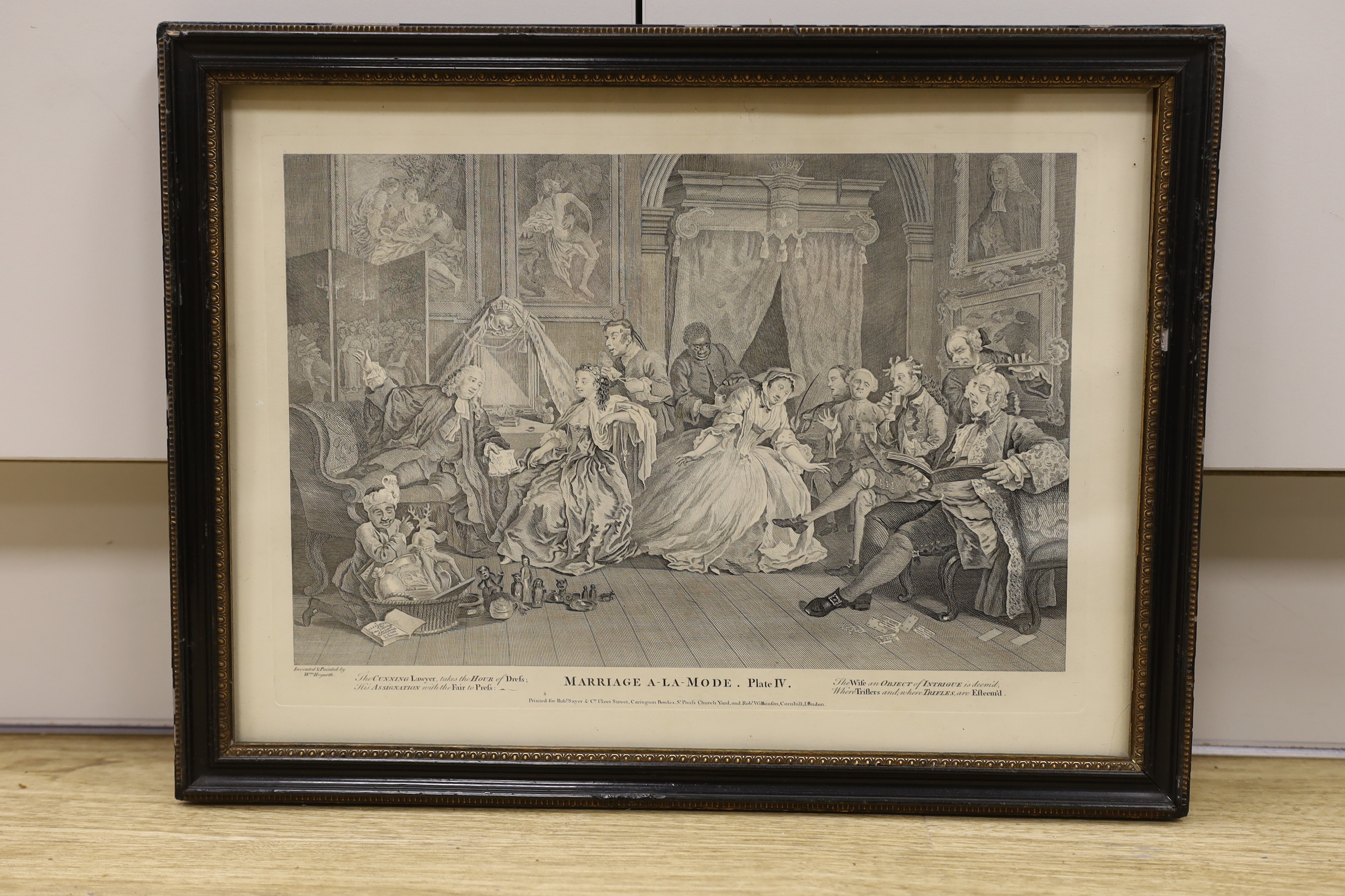 After William Hogarth (1697-1764), set of six satirical engravings, ‘Marriage a la Mode’, printed for Robert Sayer and Carington Bowles, London, 30 x 40cm